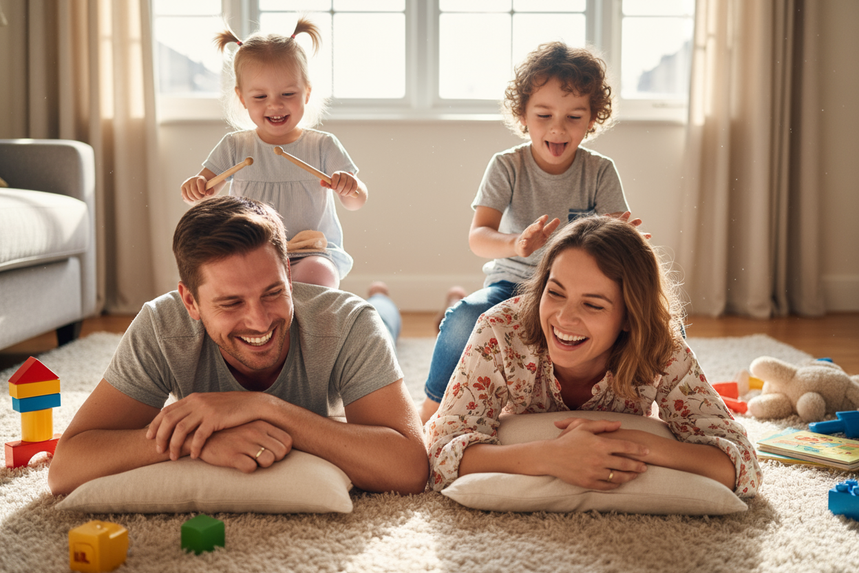 Parents laying down and kids playing drums on their backs